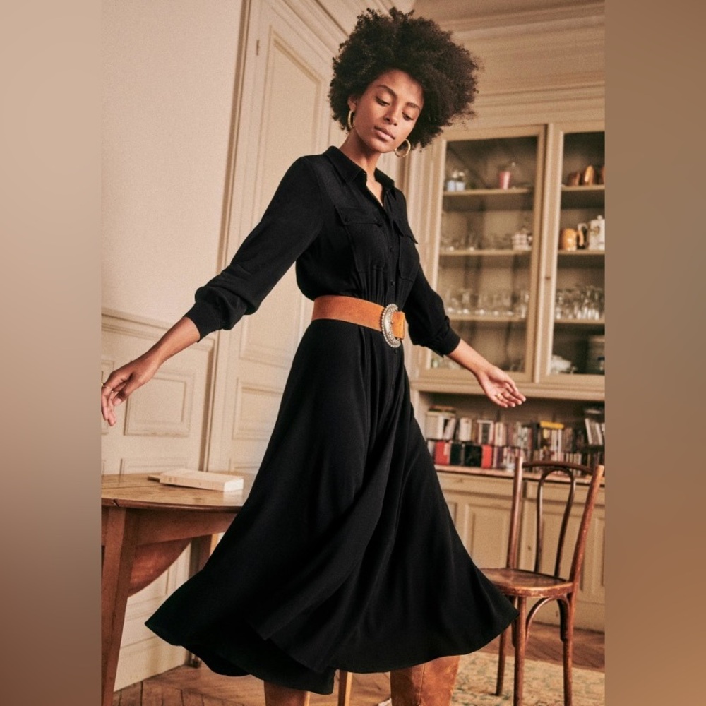 Sezane Lauretta Long Sleeve Midi Shirt Dress in Black Size FR 38 US 6